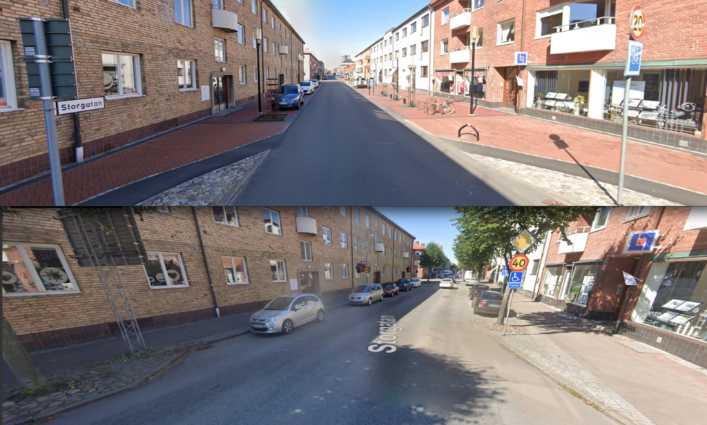 Storgatan HöganäsBild före och efter omgörning av gaturummet.